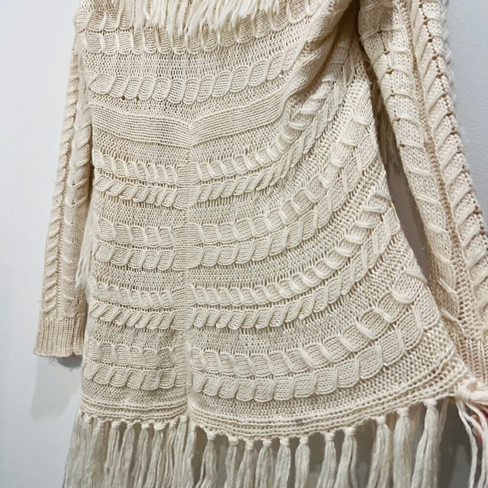 Anthropologie BB Dakota Karli Fringe Cream Long Cable Knit Wool Shawl Cardigan - Picture 13 of 16